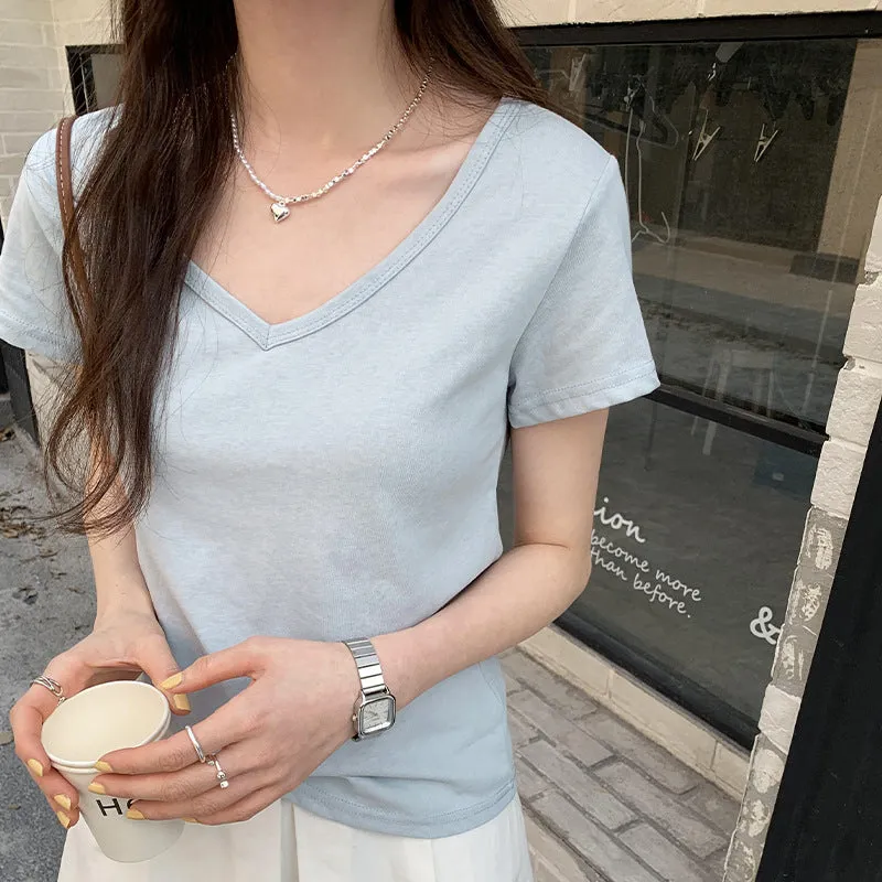 Simple V-Collar Solid Color T-Shirt Small Short-Sleeved T-Shirt Women's New Slim And Thin Underwear In Summer - Image 9