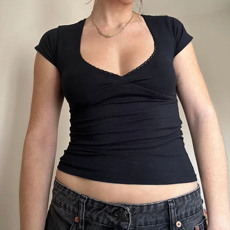 Hot Girls Sexy V-Collar Lace Stitching Solid Color Short-Sleeved Basic Casual Short-Sleeved Blouse 2024 Summer New Style - Image 5