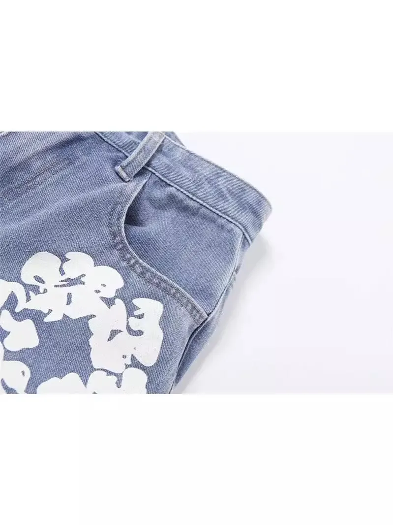 Znbbw 2024 Men's And Women's New Street Fashion Printed High-Waisted Straight Tube Slim Jeans - Image 3