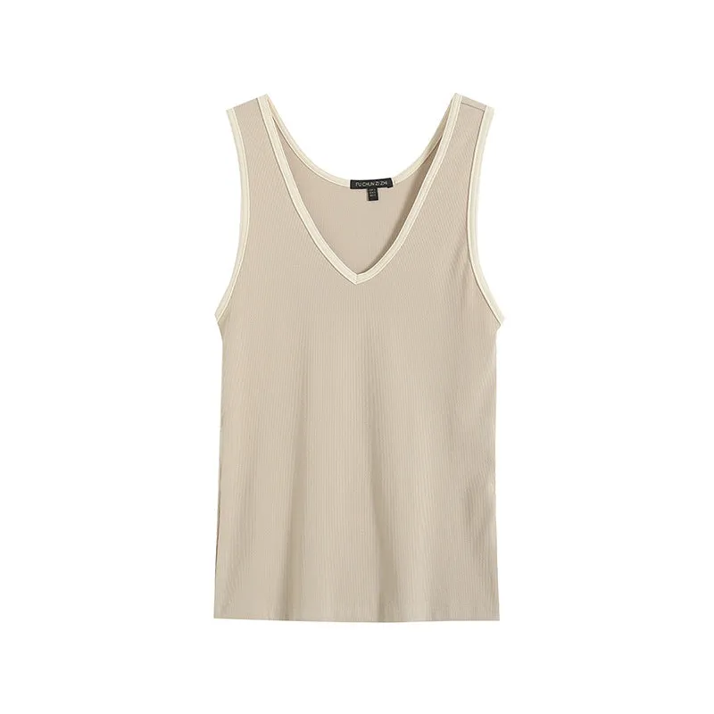 Znbbw Spring Leisure Basic Color V-Collar Rib Vest
