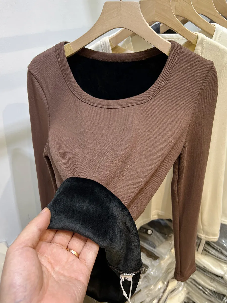 Znbbw Plush Underwear With White Bottomed T-Shirt With Low Round Neck And Long Sleeves In Autumn And Winter Integrated Velvet Warm Blouse - Image 8