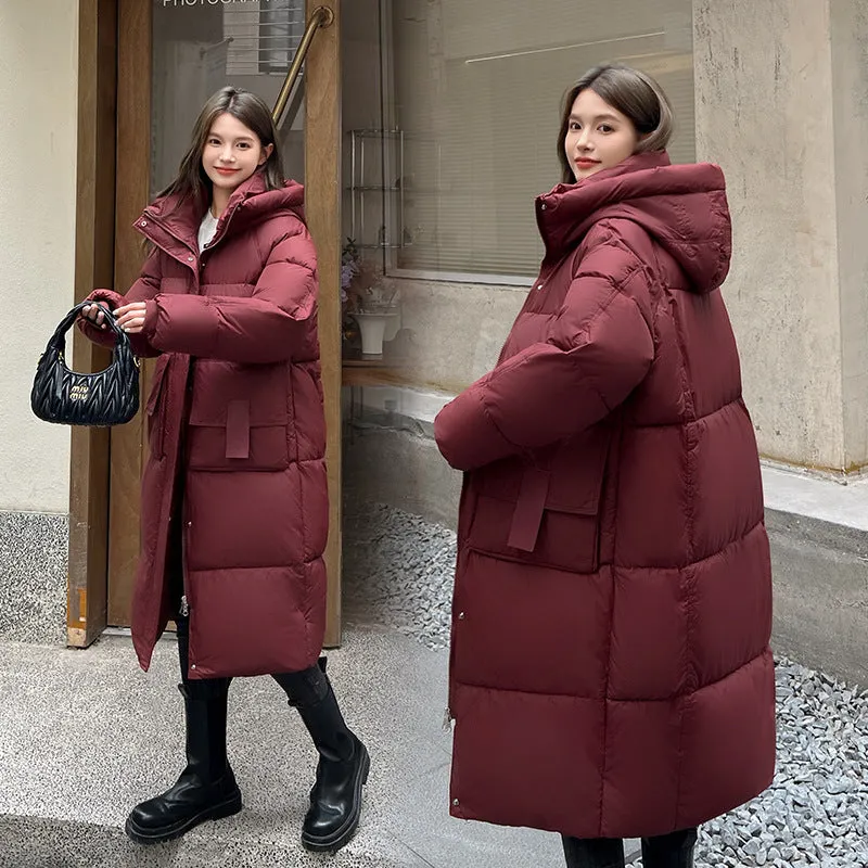 Winter New Thickened Loose Long Knee Cotton-Padded Coat Korean Version Of Student Hooded Large Pocket Cotton-Padded Coat - Image 3