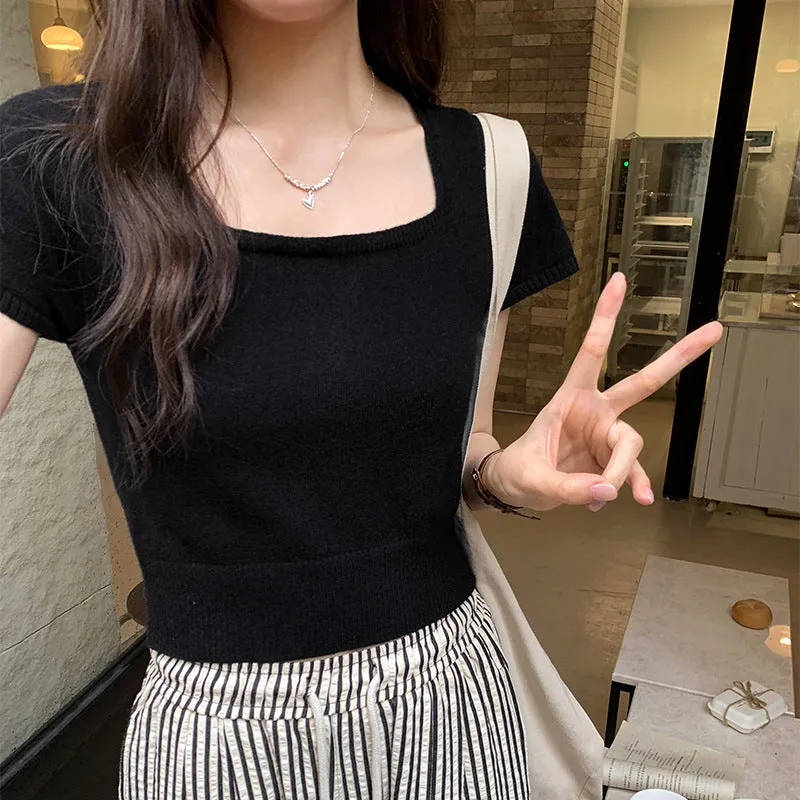 Korean Version Of Knitted Short-Sleeved T-Shirt Women's New Summer Slim Thin Solid Color Full-Length Short-Style Blouse Ins - Image 8