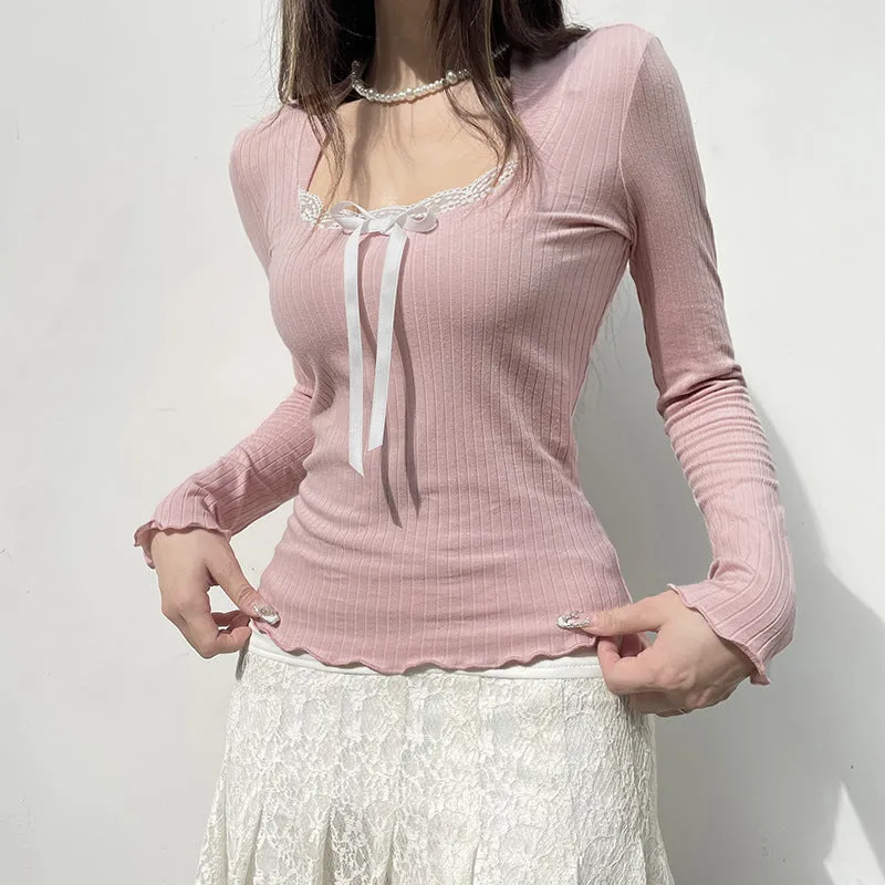 French Sweet Girl Lace Bow Stitched Pink Long-Sleeved T-Shirt 2025 New Slim U-Collar Blouse - Image 3