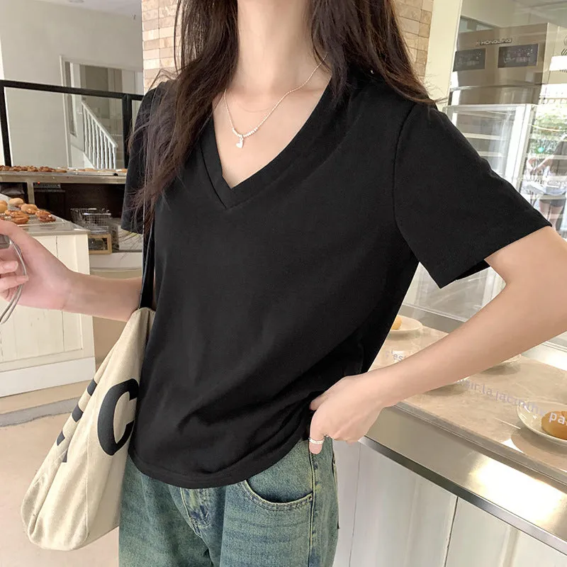 Basic Shoulder V-Collar Short-Sleeved T-Shirt Women's Summer New Korean Version Of Slim Design Feel Bottomed Shirt Casual Top Trend - Image 5