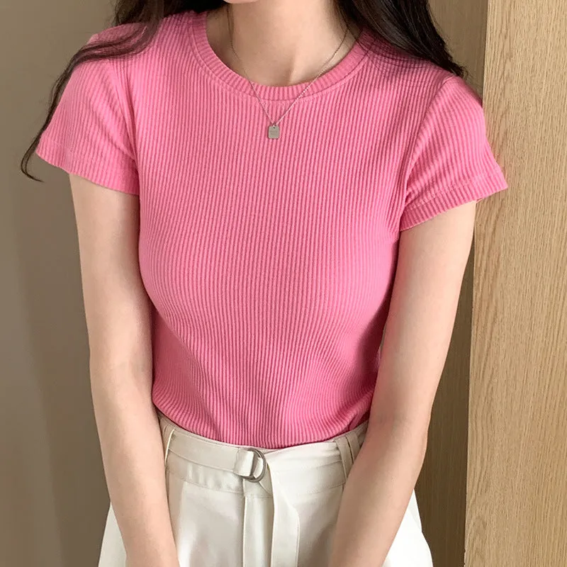 Classic Basic Grey Shoulder T-Shirt Women's Short-Sleeved Round-Necked T-Shirt Threaded To Show A Thin Blouse In Summer - Image 9