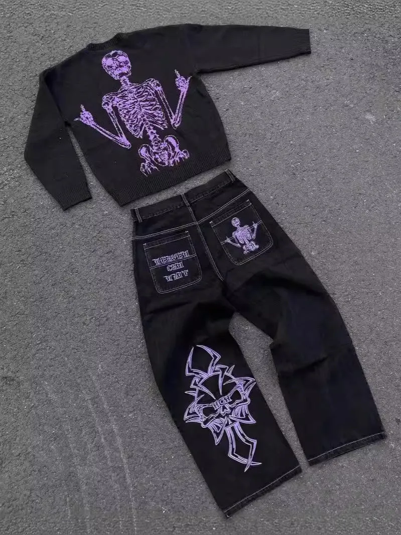 Znbbw Year Y2K Jeans Men's Wear Hip-Hop Retro Skull Water Washed Loose Jeans Casual Wide-Legged Pants - Image 5