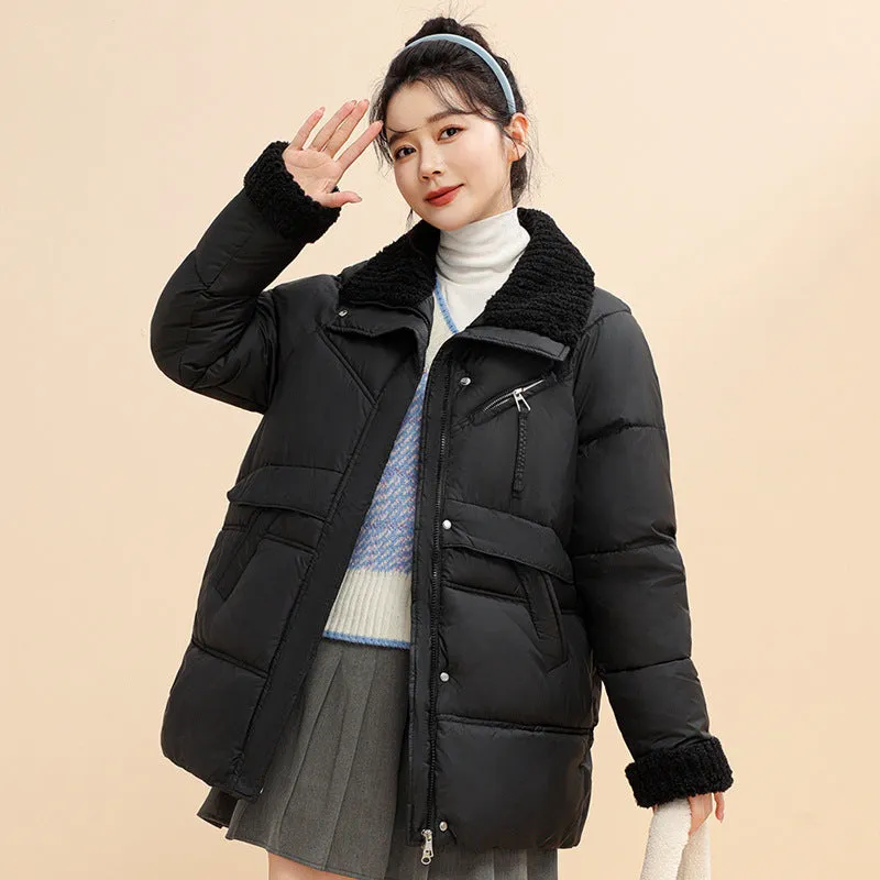 Down Cotton Jacket Female Winter 2024 New Loose Lamb Wool Collar Cotton-Padded Jacket And Thick Coat - Image 2