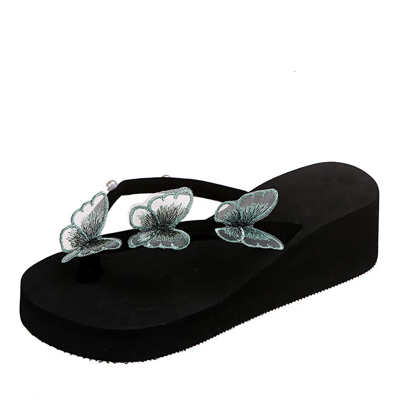 New Butterfly Flip-Flops Thick Bottom Slope With One Word With Pearl Large Size Beach Cool Flip-Flops - Image 4