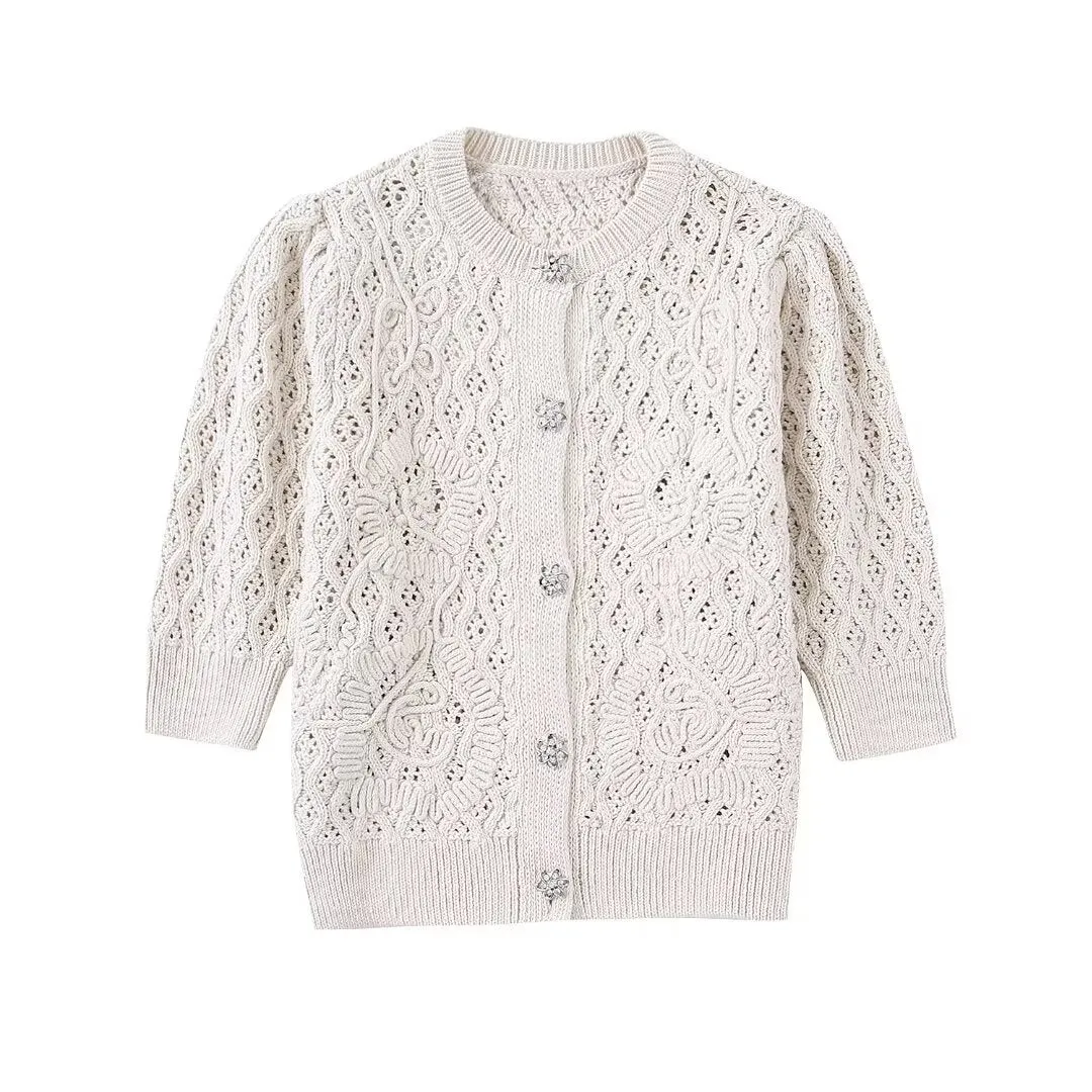 Znbbw Spring Artificial Jewelry Button Decoration Round Neck Knitted Coat 5802117