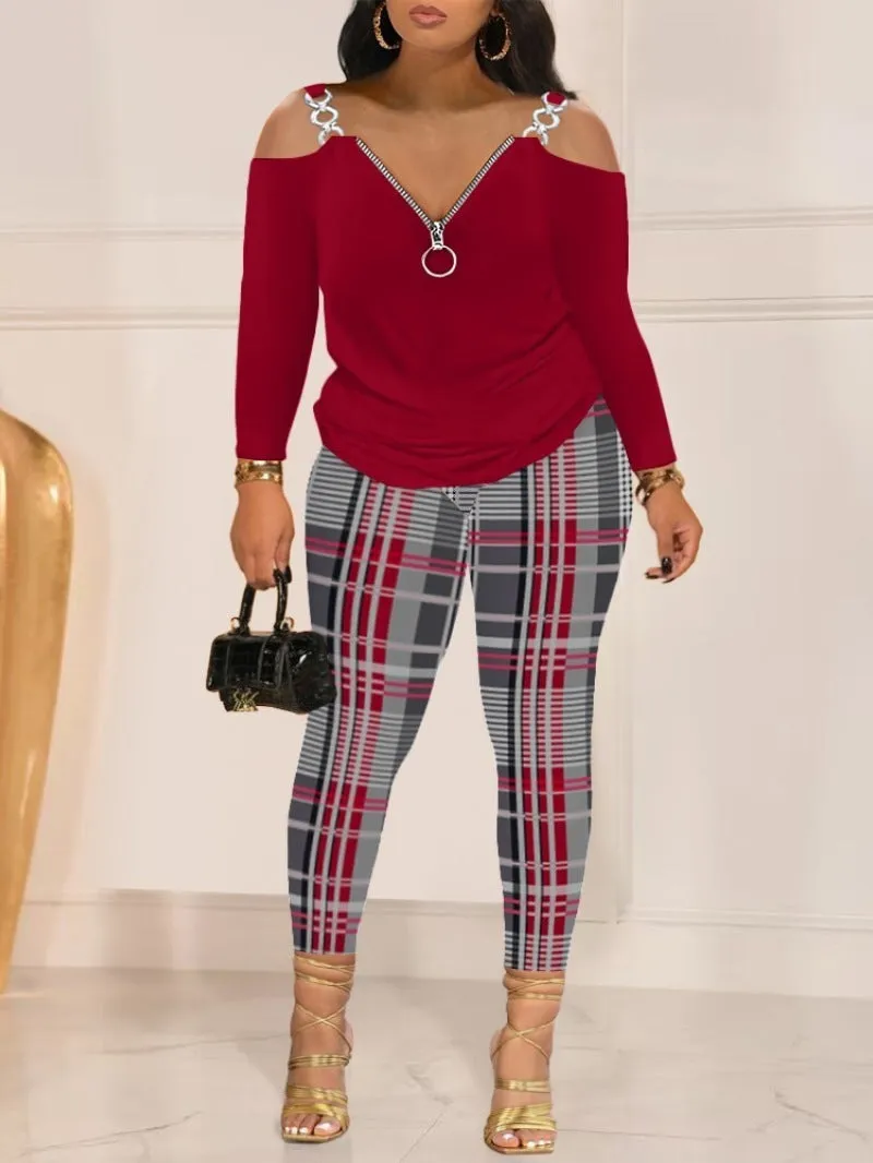 Znbbw Autumn And Winter Women's Wear New Shoulder Spliced Long-Sleeved Printed Trousers Two Sets - Image 9