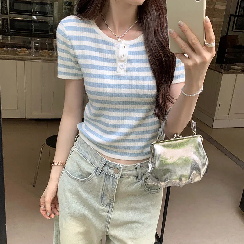 Cold And Light High-Grade Blue Color Striped Short-Sleeved Shoulder T-Shirt Women's Summer Stretch Waist Short Style Foreign Style T-Shirt - Image 4