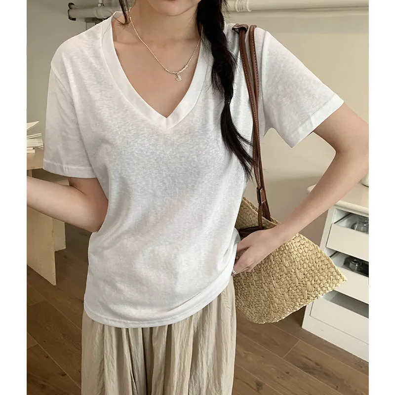 Basic Shoulder V-Collar Short-Sleeved T-Shirt Women's Summer New Korean Version Of Slim Design Feel Bottomed Shirt Casual Top Trend - Image 4