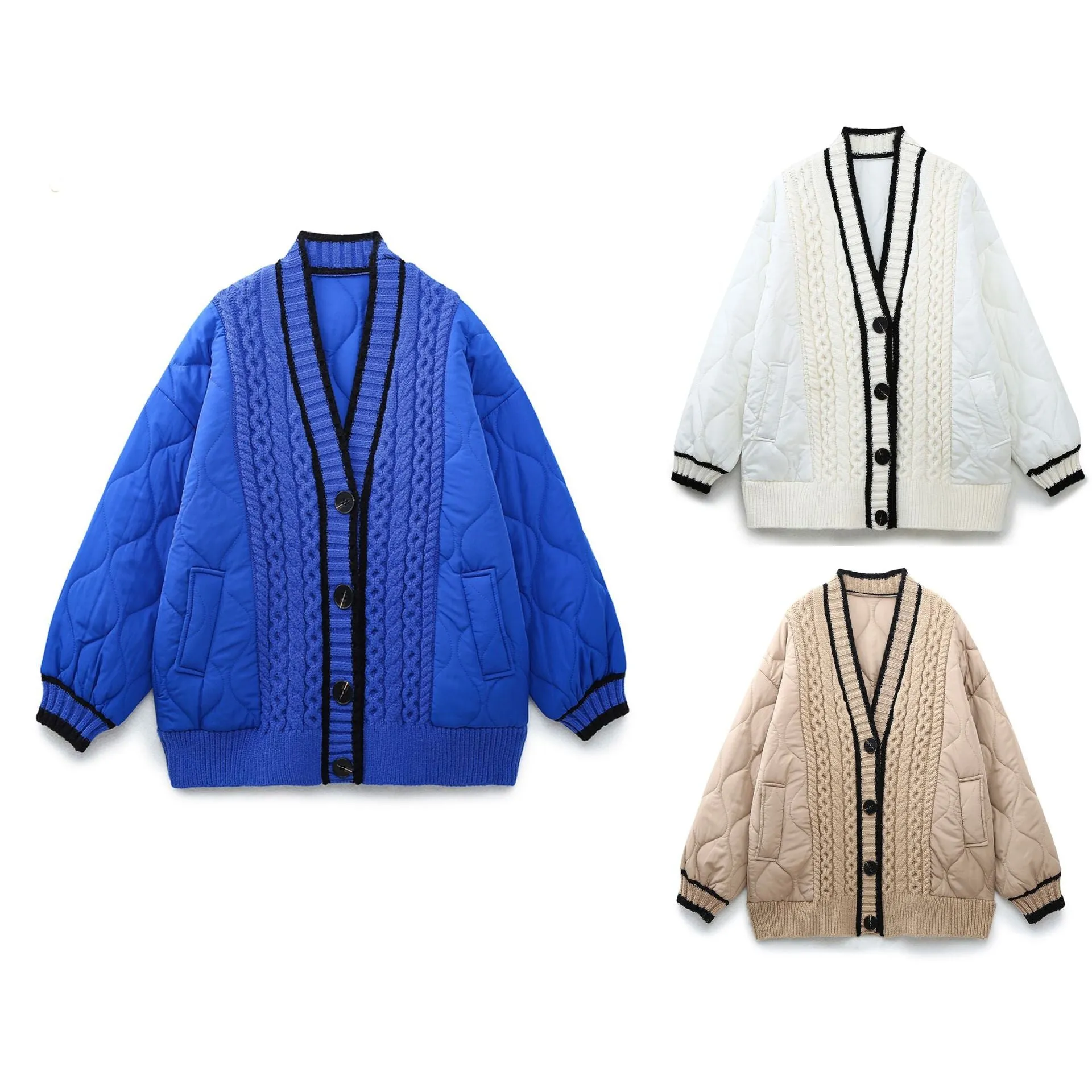 Znbbw And Winter New Tricolor Knitted Spliced V-Collar Loose Version Cotton Jacket - Image 8