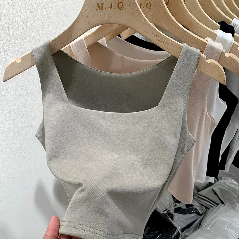 White Sling Vest Women's Suit With Cover, Breast Wide Shoulder Straps, Sleeveless T-Shirt, Square Collar, Bottom Top, Summer Outside.