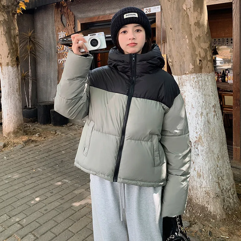 Bean Wind Spell Color Hooded Padded Clothes Female Short Style 2024 Winter New Fashion Loose Small Bread Jacket - Image 4