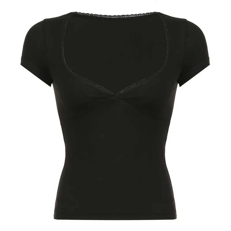 Hot Girls Sexy V-Collar Lace Stitching Solid Color Short-Sleeved Basic Casual Short-Sleeved Blouse 2024 Summer New Style