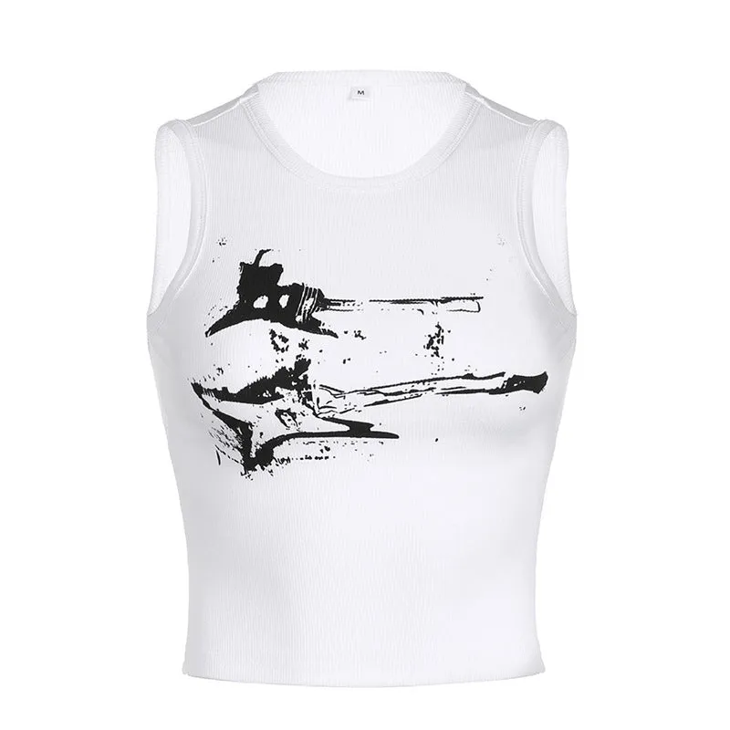 2025 Summer New Personality Trend Ins Street Fashion Guitar Graffiti Printed Threaded Vest Girl - Image 2