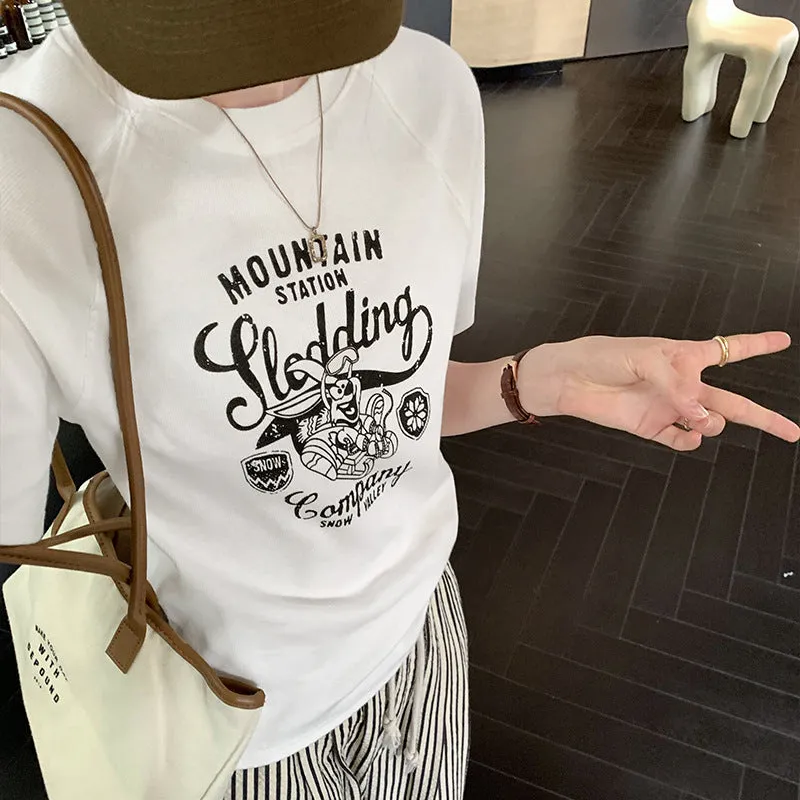 Vintage European High-End Print Loose Shoulder-Inserting Short-Sleeved T-Shirt Women's Summer 2024 New Blouse - Image 3