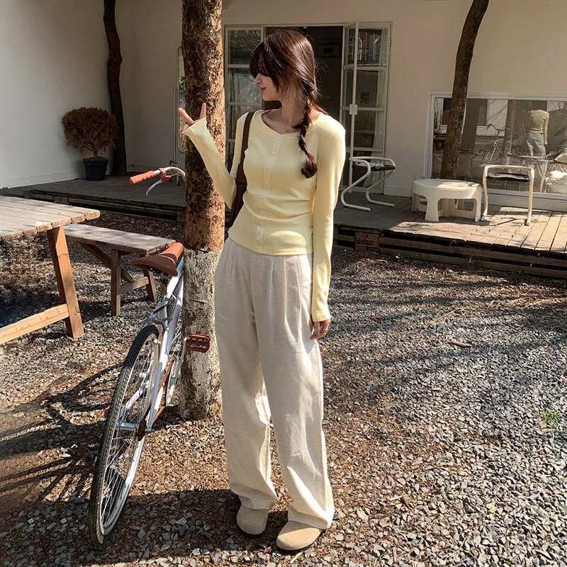 U-Neckline Button-Threaded, Small, Multi-Bottomed Shirt, New Long-Sleeved T-Shirt In Spring And Autumn Period. - Image 3