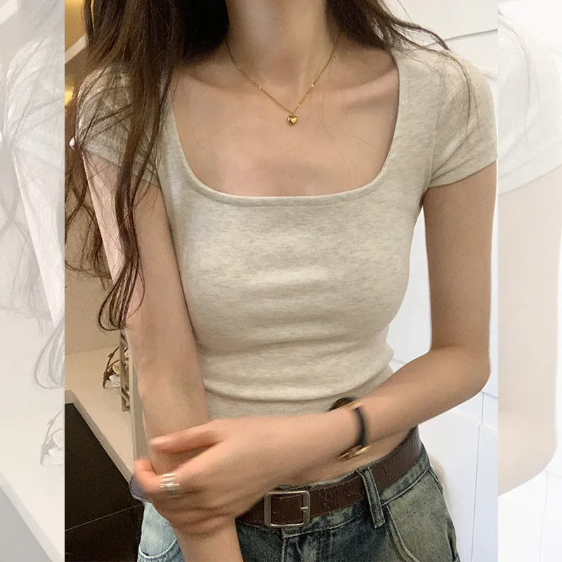 Large Square Collar Design Small Solid Color T-Shirt Women's Short Sleeves Show Thin Exposed Collarbone Short Style Sweet Hot Style Blouse - Image 4