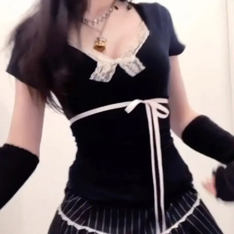 Sweet Girl Lace Bow Solid Color Short-Sleeved T-Shirt Style Stylish Casual Shirt New Style In Summer - Image 5