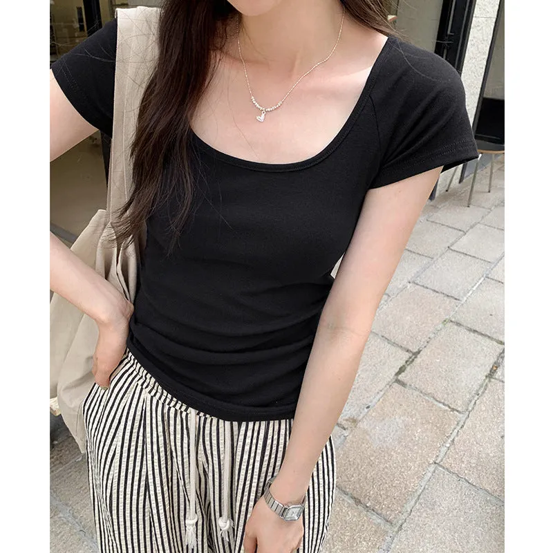 White U-Collar Slim Shoulder Short T-Shirt Women 2024 Summer New Style Short Short-Sleeved Blouse Trend - Image 6