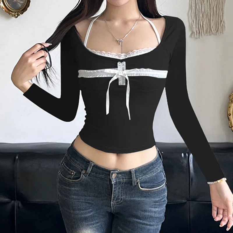 Bow Tie Lace Stitching Neck Pure Wind Short-Sleeved Blouse Sweet Slim And Skinny T-Shirt In Summer - Image 4