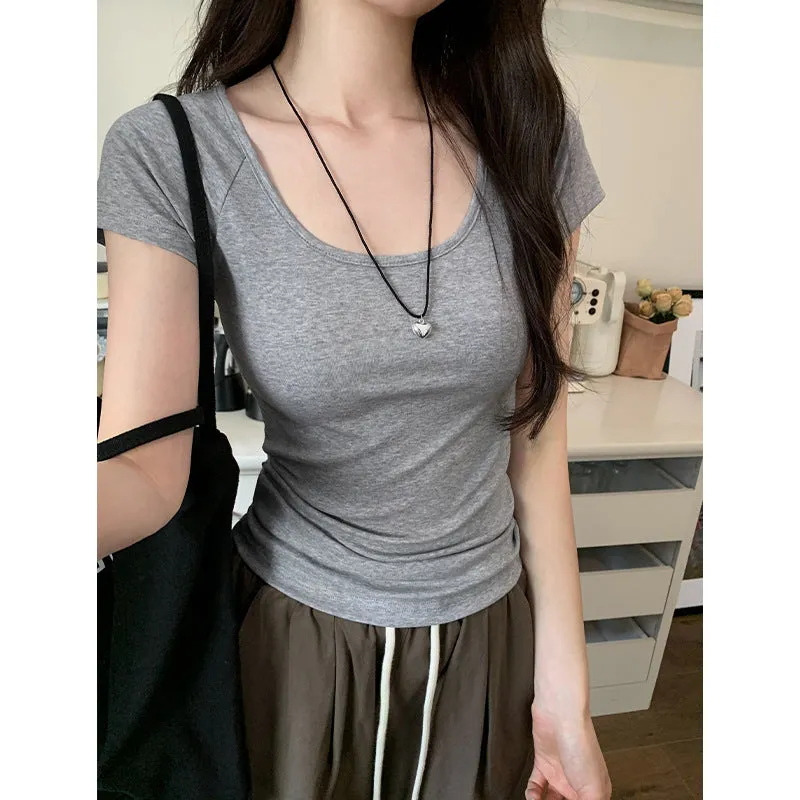 White U-Collar Slim Shoulder Short T-Shirt Women 2024 Summer New Style Short Short-Sleeved Blouse Trend - Image 9