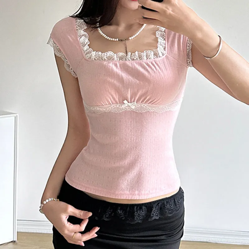 French Sweet Lace Lace Stitching Square Collar Slim, Striking Color Short-Sleeved T-Shirt, Girl's Knitted Blouse - Image 5