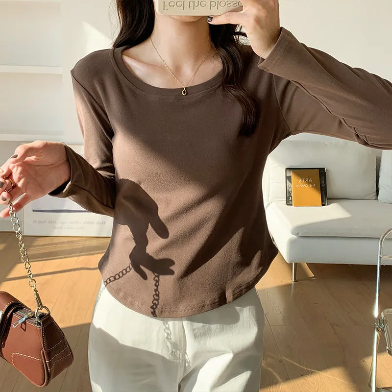 Znbbw Color Sanded T-Shirt Women's Autumn And Winter New Tight Round-Collar De Velvet Underwear Long-Sleeved Slim Blouse