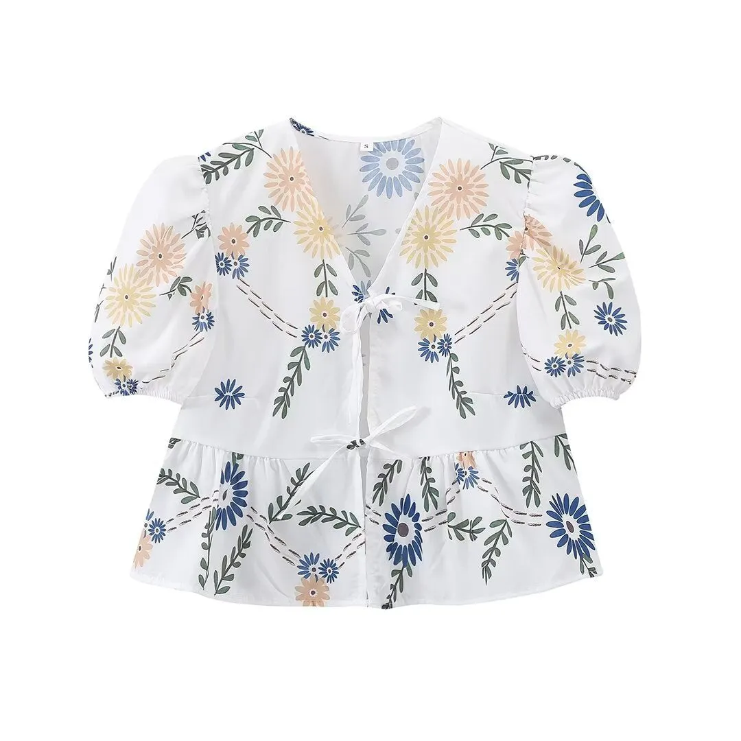 Znbbw Spring Lapel Lace Printed Shirt Blouse