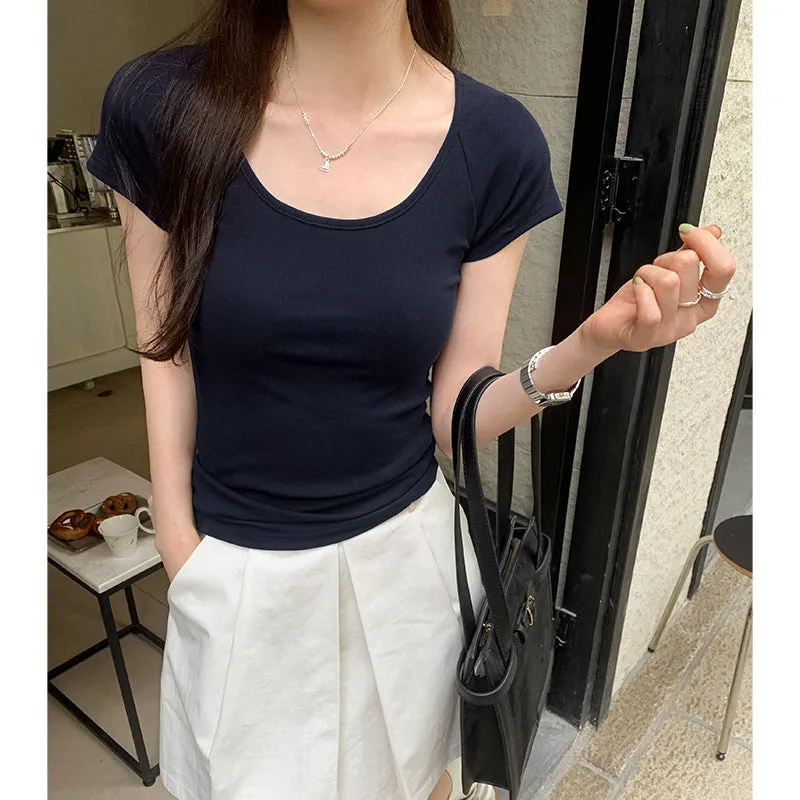 White U-Collar Slim Shoulder Short T-Shirt Women 2024 Summer New Style Short Short-Sleeved Blouse Trend