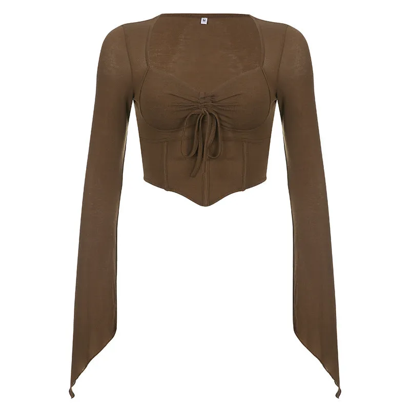 2025 Autumn / Winter Women's Wear Ins Trend Brand Online Celebrity Hot Girl Hanging Neck Fishbone Square Collar Sexy Navel Revealing Thin T-Shirt Woman - Image 3