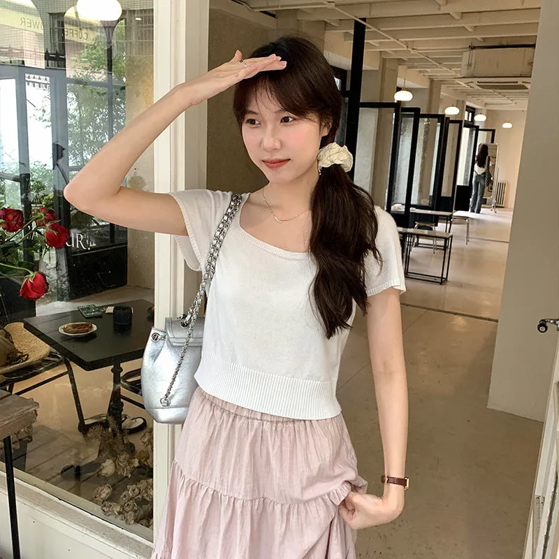 Korean Version Of Knitted Short-Sleeved T-Shirt Women's New Summer Slim Thin Solid Color Full-Length Short-Style Blouse Ins - Image 6