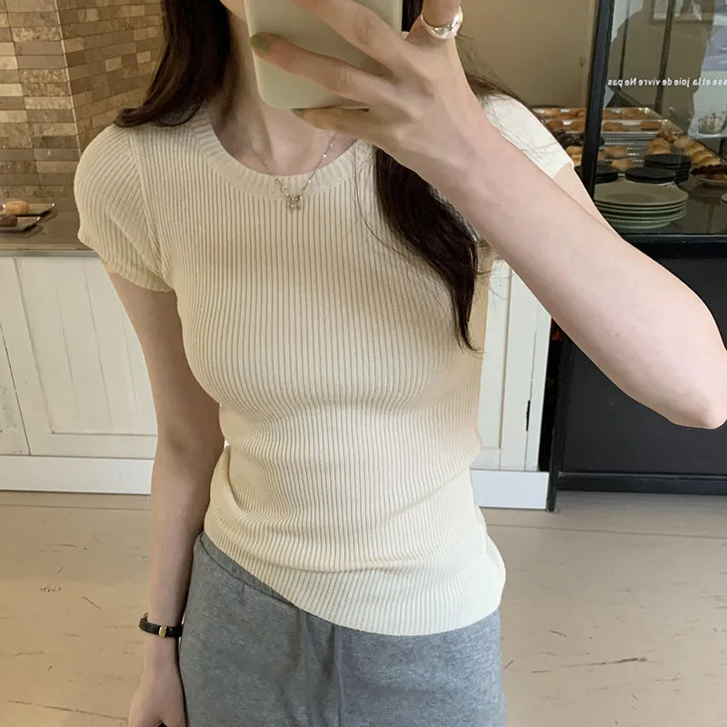 Znbbw Version Of Simple Knitted Short-Sleeved T-Shirt Women's Spring And Summer New Minority Design Slim Full-Color Blouse
