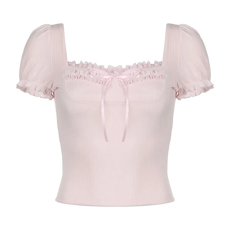 Summer Fresh Romantic Pure Color Square Collar Bubble Sleeve Girl T-Shirt Ins Trend Slim Casual Blouse New Style - Image 2