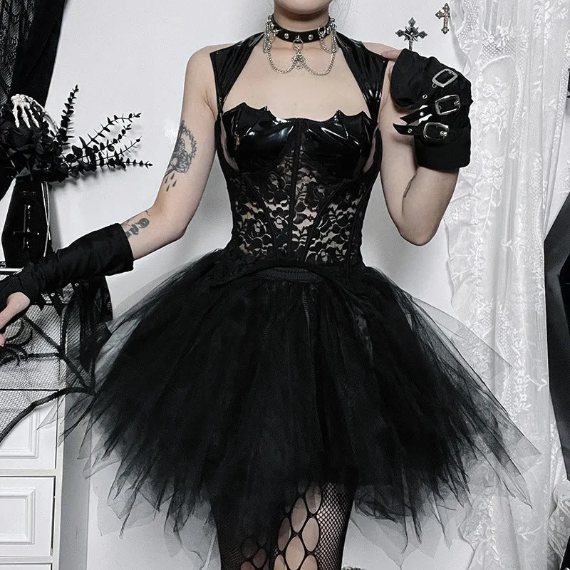 Znbbw Dark Leather Vest Top 2024 Autumn New Perspective Printing Spicy Girls Breast Hanging Neck Women's Dress