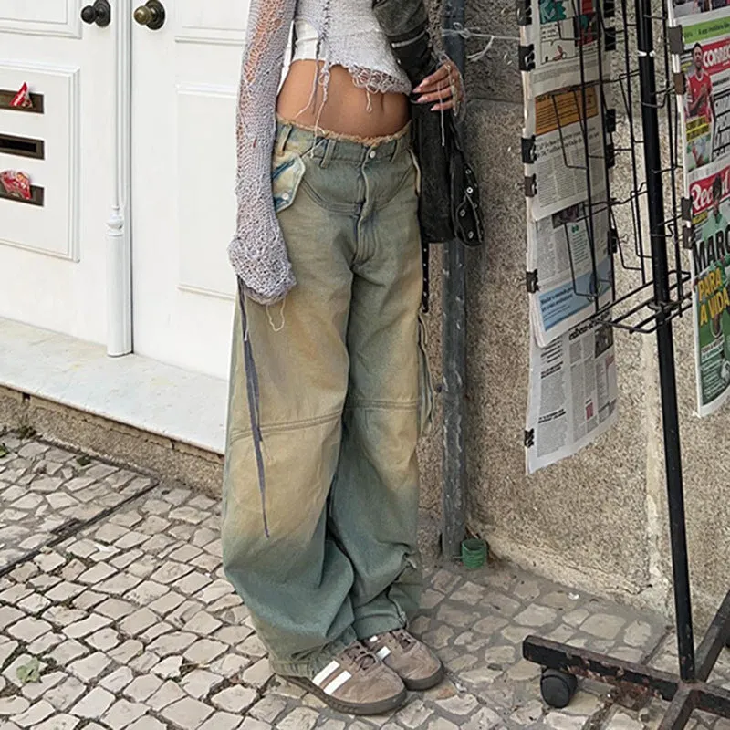 Asymmetrically Make Vintage Rough-Edged Jeans 2024 Street Spicy Girls Loose Leisure Line Tooling Straight Trousers - Image 2