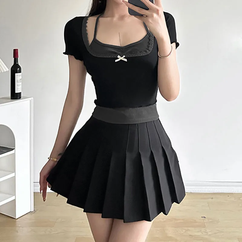 French Bow Square Collar Waist Shows Thin Collision Color Two-Piece T-Shirt Sweet Girl Hanging Neck Short-Sleeved Blouse - Image 2