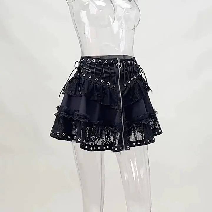 Znbbw Zipper Lace Splicing Tie Short Skirt Dark Summer Street Fashion Leisure Pleated Skirt - Image 7