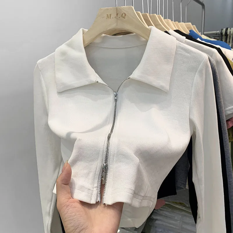 European Design Sense Niche Double Zipper Polo Collar Jacket Women's Early Autumn New Threaded Short Top Knitted Cardigan - Image 3