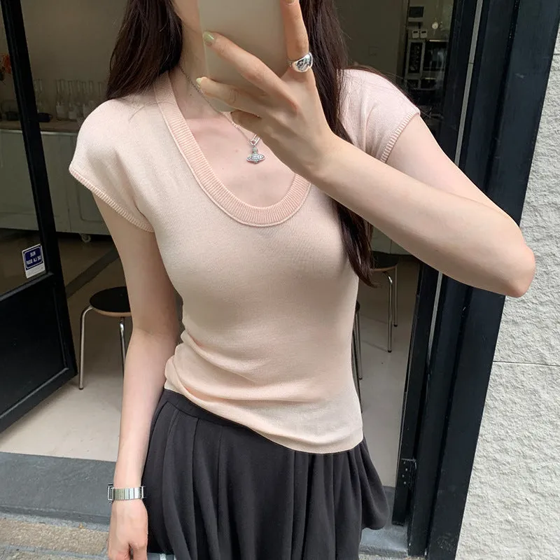 Basic Solid Color U-Collar Short-Sleeved T-Shirt Women's New Springy Slim, Simple And Easy To Wear In Summer