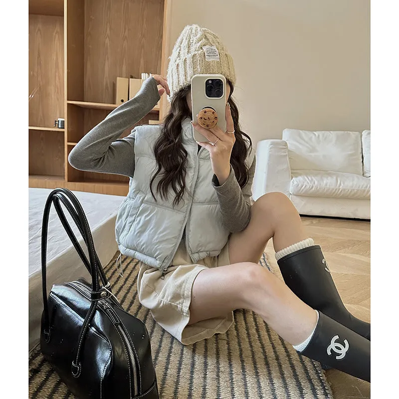 Female 2024 Autumn Winter New Simple Versatile Stand Collar Zipper Drawrope Waist Design Sense Plus Thick Cotton Coat - Image 3