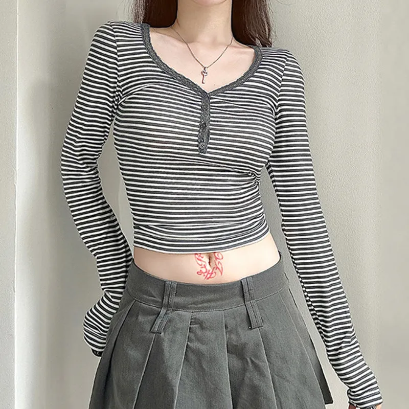 Design Sensitive Lace Hit Striped T-Shirt Spice Girl Slim Short Navel Blouse V-Neck Long-Sleeved Bottomed Shirt - Image 4
