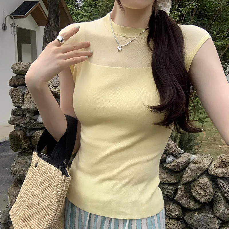 Korean Tulle Spliced Sleeveless Sweater Women's Summer 2024 New Style Slim And Gentle Blouse With Thin Temperament - Image 5