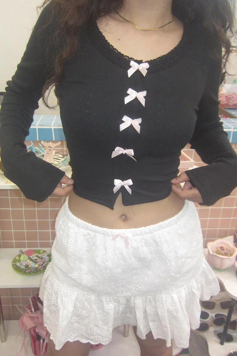 Color Bow Fashion Girl's Long-Sleeved Blouse 2024 New Lace Collar Hot Girl Fashion Navel T-Shirt - Image 5