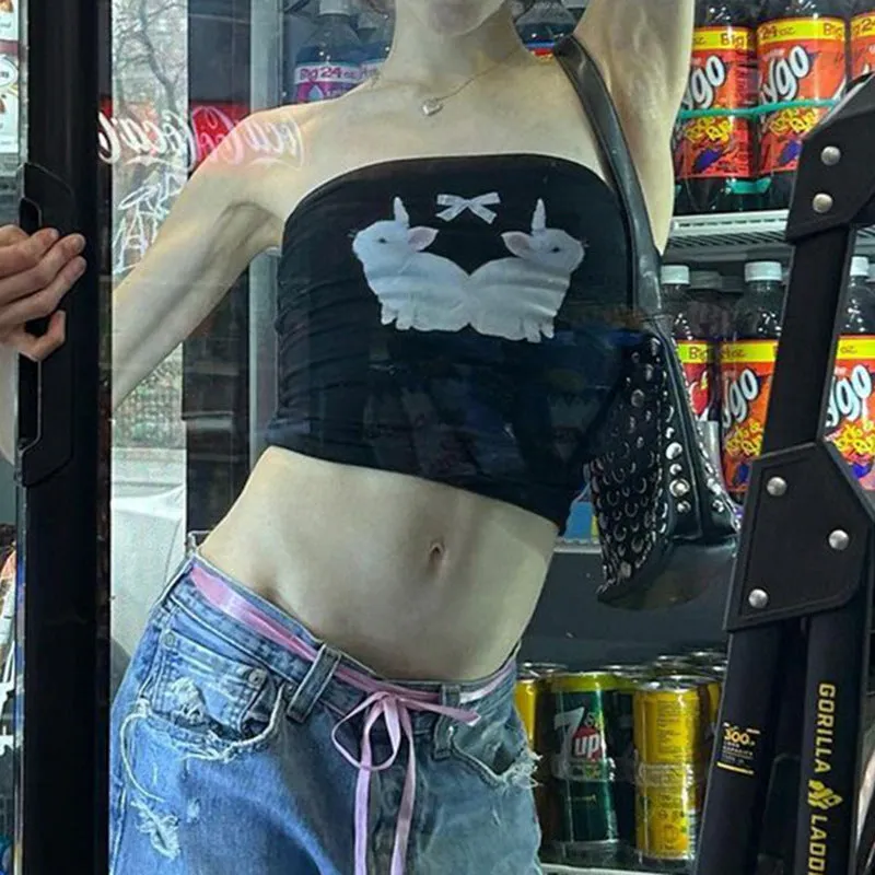 Sweet Girl Little White Rabbit Printed Bow Splicing Small Breast 2025 New Summer Jacket - Image 2