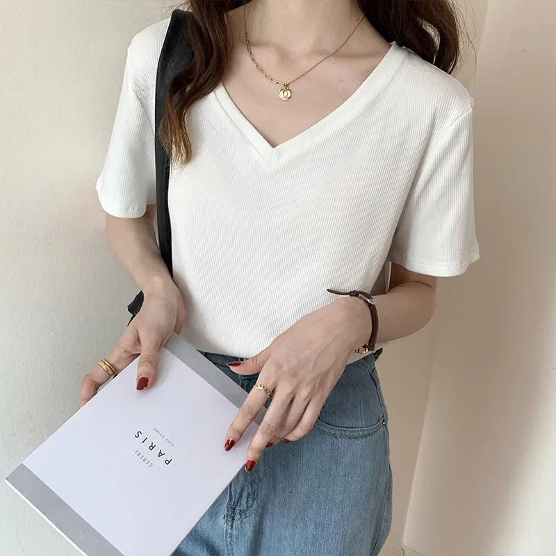 2025 Summer New Threaded Pure Color Short-Sleeved Knitted V-Collar T-Shirt Design Feeling Bottomed Blouse - Image 5