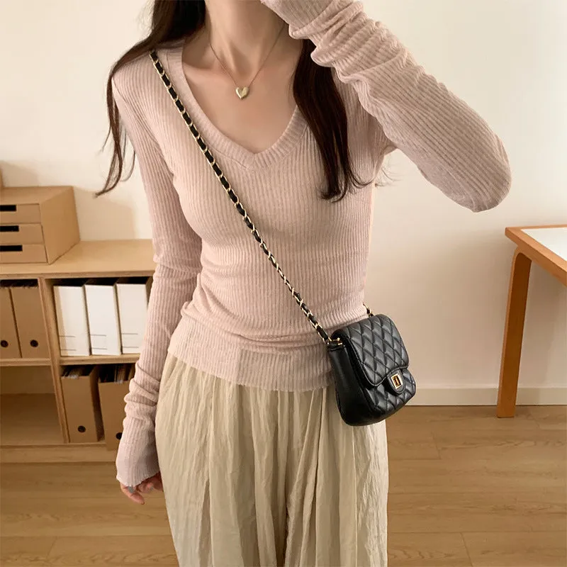 Znbbw Micro-Transparent Long-Sleeved Sweater Women's Early Autumn New Design Sense Of Slim And Thin Bottomed Blouse - Image 2
